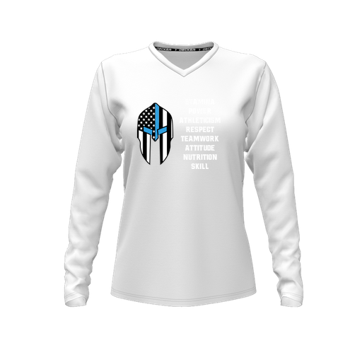 [CUS-DFW-TEES-CMF-VNK-LSL-WHT-FYXS-LOGO3] Decker Comfort T-Shirt (Female Youth XS, White, V Neck, Logo 3, Long Sleeve)