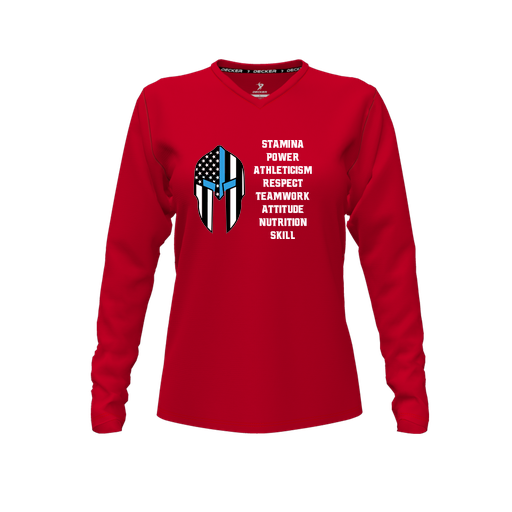 [CUS-DFW-TEES-CMF-VNK-LSL-RED-FYXS-LOGO3] Decker Comfort T-Shirt (Female Youth XS, Red, V Neck, Logo 3, Long Sleeve)